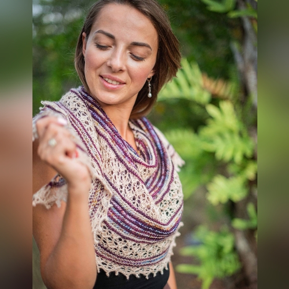 SOLD Hand Crafted OOAK Classic Wool Striped Lace Knit Scarf White Purple - Picture 9 of 9